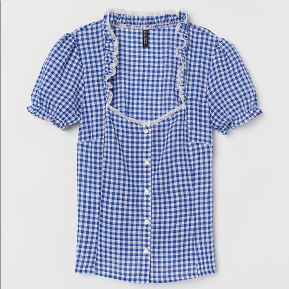 H&M Tops - HM seersucker blue/white gingham blouse - 10 - EUC